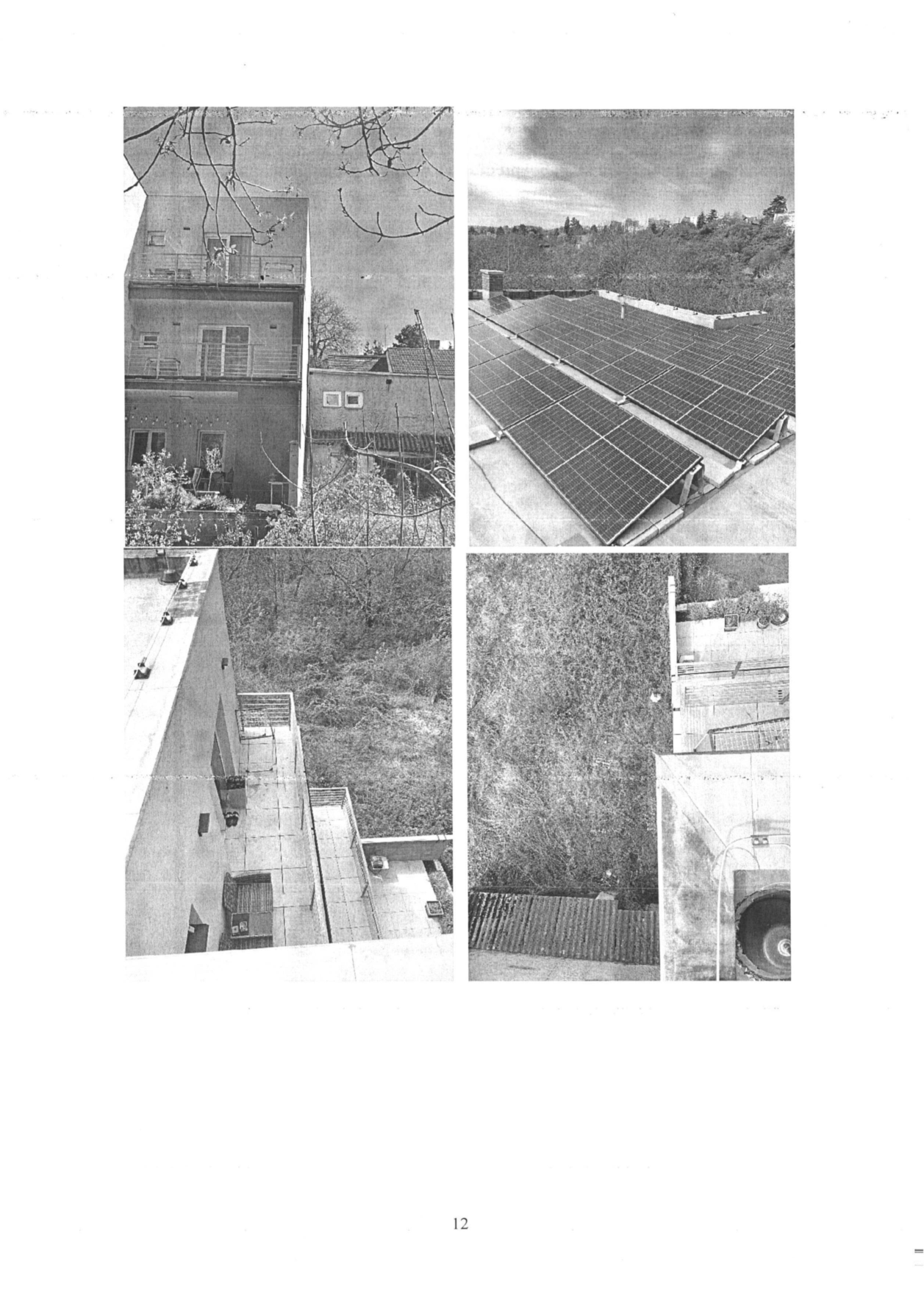Fotografie exteriéru budovy a jejího okolí, včetně pohledu na solární panely na střeše a terasy. Na spodní straně stránky je uvedeno číslo strany: 12.