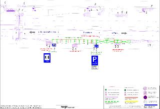 Situační nákres dopravního značení v ulici Roztylská (u křižovatky s U Kunratického lesa a V Parku). Zobrazuje úpravy parkovacích stání, vyznačení 5x V10a + V1…