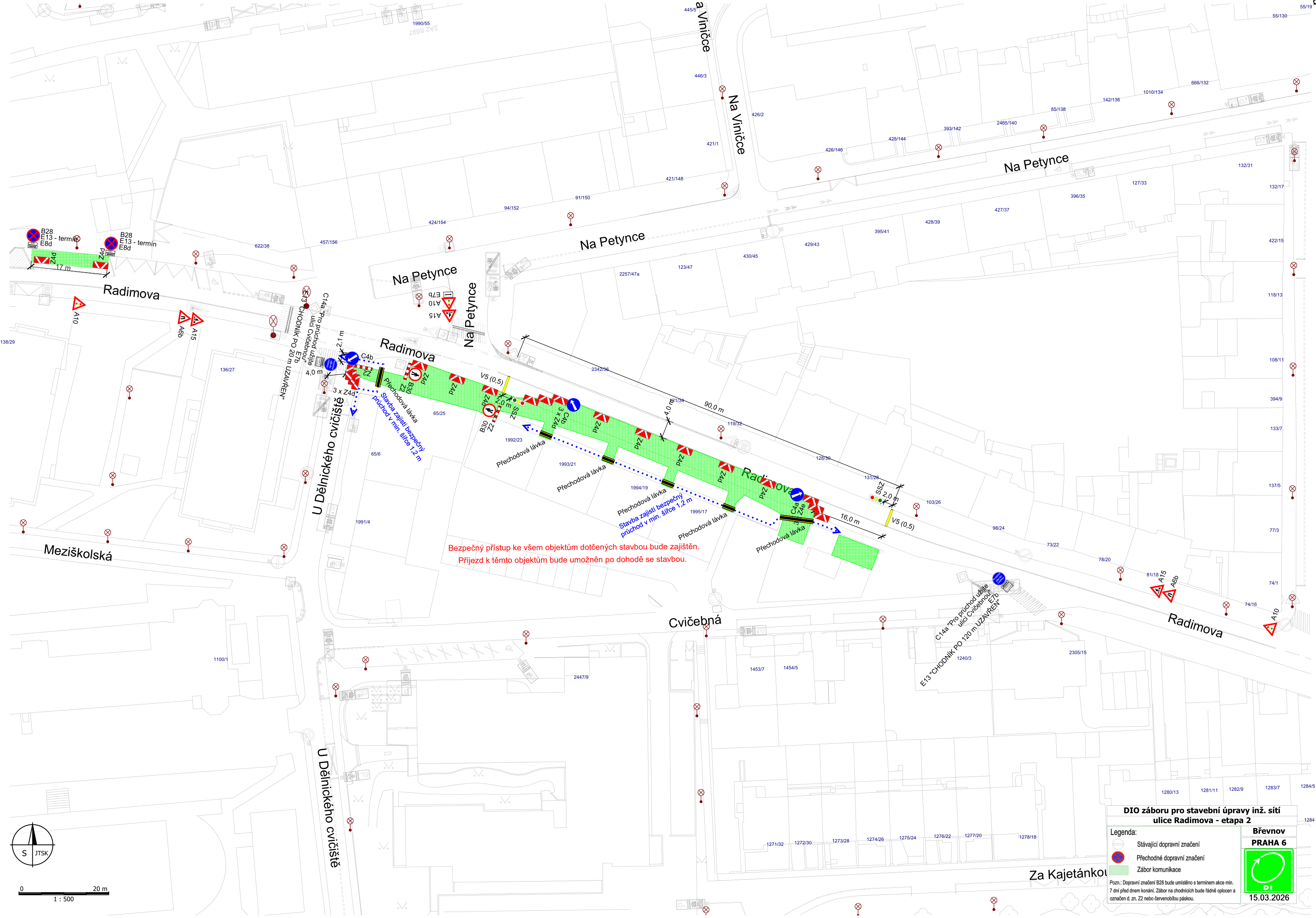 Plán DIO (dočasného dopravního značení) pro stavební úpravy inženýrských sítí v ulici Radimova, Praha 6 - etapa 2. Dokument obsahuje situační nákres uzavírky ulice Radimova s vyznačením přechodných lávek pro pěší (šířka 1,2 m), dopravního značení (zákazy vjezdu, informativní tabule o uzavírce) a záborů komunikace. Texty v plánu: 'Bezpečný přístup ke všem objektům dotčených stavbou bude zajištěn. Příjezd k těmto objektům bude umožněn po dohodě se stavbou.', 'C14a Pro průchod užijte ulici Cvičebnou', 'E13 CHODNÍK PO 120 m UZAVŘEN', '15.03.2026'. Legenda: Stávající dopravní značení, Přechodné dopravní značení, Zábor komunikace.