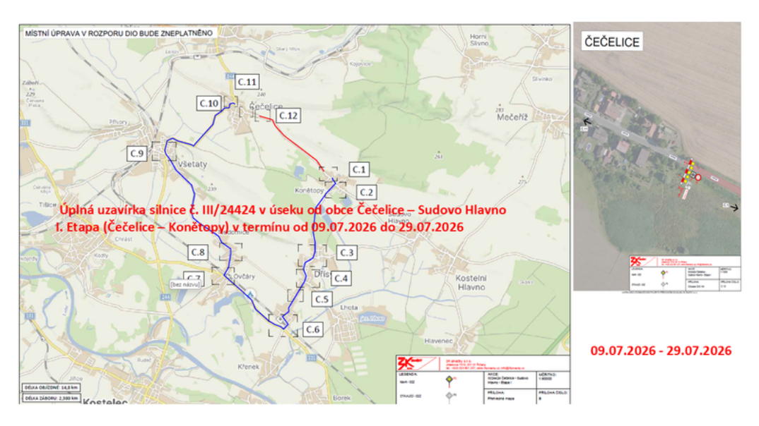 Oznámení o úplné uzavírce silnice č. III/24424 v úseku od obce Čečelice – Sudovo Hlavno, 1. etapa (Čečelice – Konětopy) v termínu od 09.07.2026 do 29.07.2026. Mapa znázorňuje uzavřený úsek (červená čára) a objízdnou trasu (modrá čára) přes obce Všetaty, Ovčáry a Dřísy. Délka objížďky je 14,8 km, délka záboru 2,300 km. Součástí je situační nákres uzavírky v obci Čečelice. Dokument obsahuje legendu s označením značek a informaci o zhotoviteli (3K značky s.r.o.).