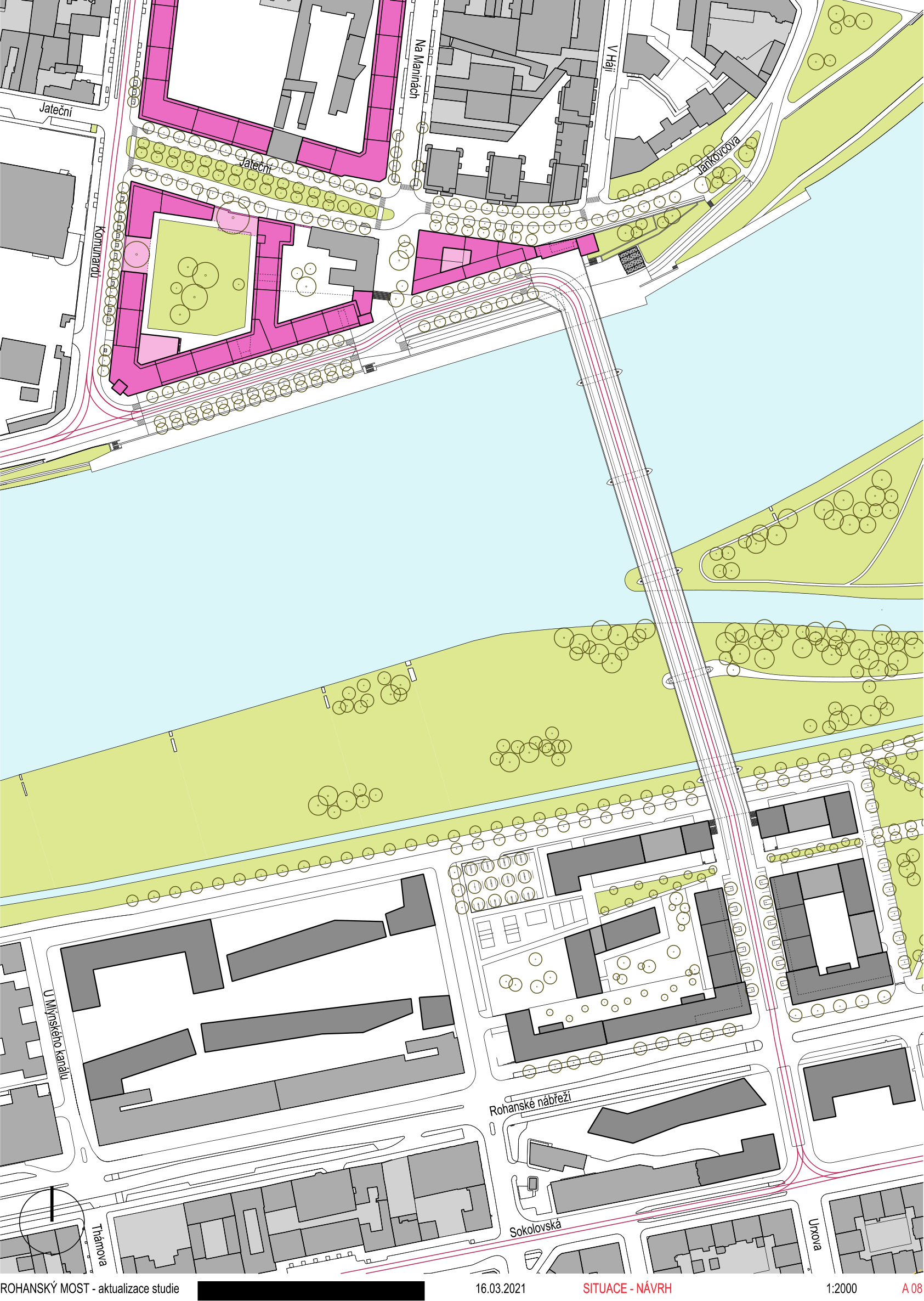 Situační nákres projektu 'ROHANSKÝ MOST - aktualizace studie'. Mapa zobrazuje návrh mostu spojujícího oblast Holešovic (ulice Jankovcova, Na Maninách, Jateční, Komunardů) s oblastí Rohanského nábřeží. V mapě jsou vyznačeny stávající a navrhované budovy (růžově zvýrazněné objekty), komunikace a zeleň. Datum dokumentu: 16.03.2021. Měřítko: 1:2000. Označení dokumentu: A 08.