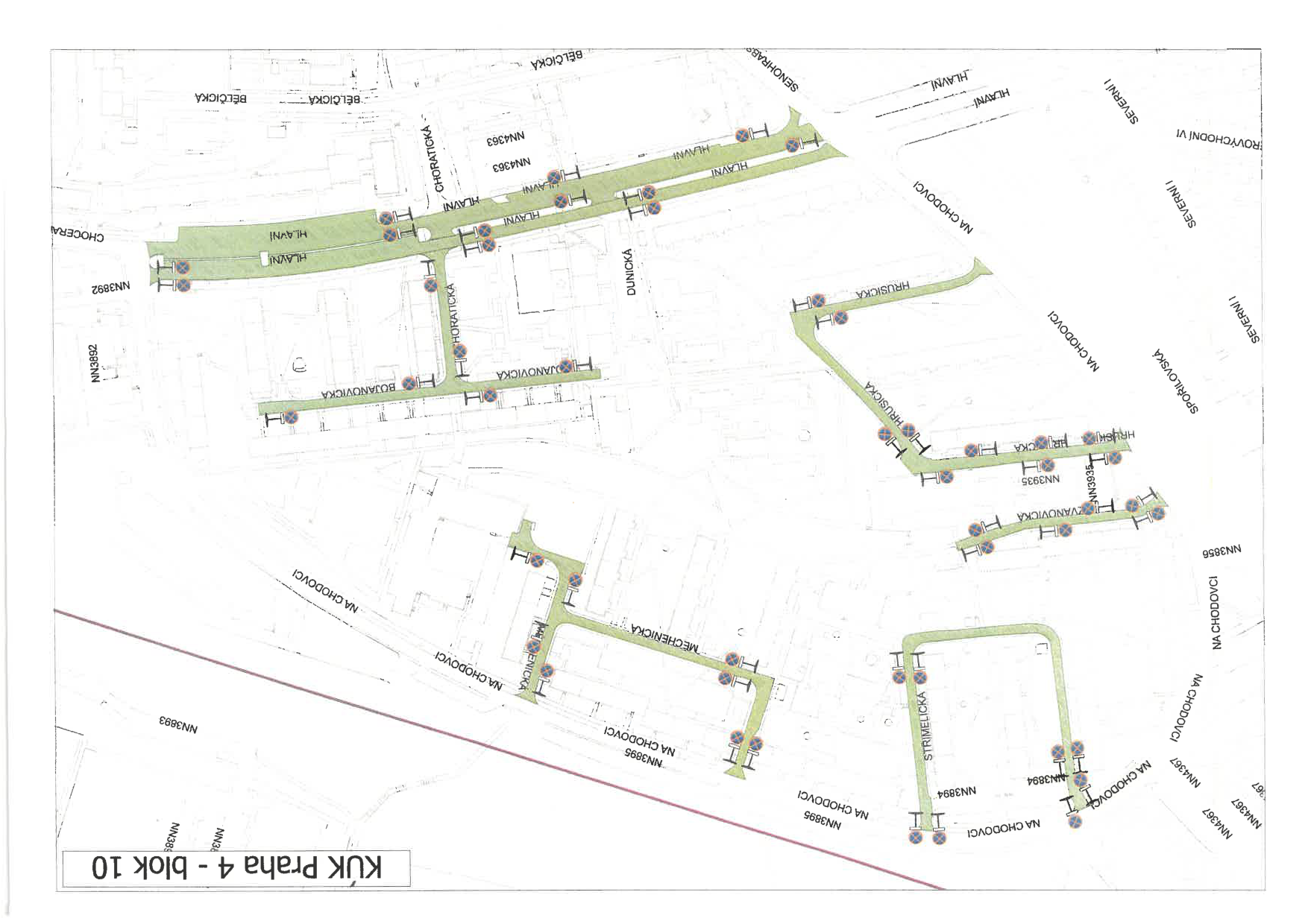 Situační nákres území s vyznačenými objekty a názvy ulic (KÚK Praha 4 - blok 10).