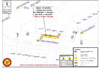 Situační nákres dopravního značení a záboru chodníku, S JTSK, Měřítko 1:350, Formát: A4. Ulice: Kopečná, Cihlářská, Nad Krocínkou. Popis záboru: 'Zábor chodník…