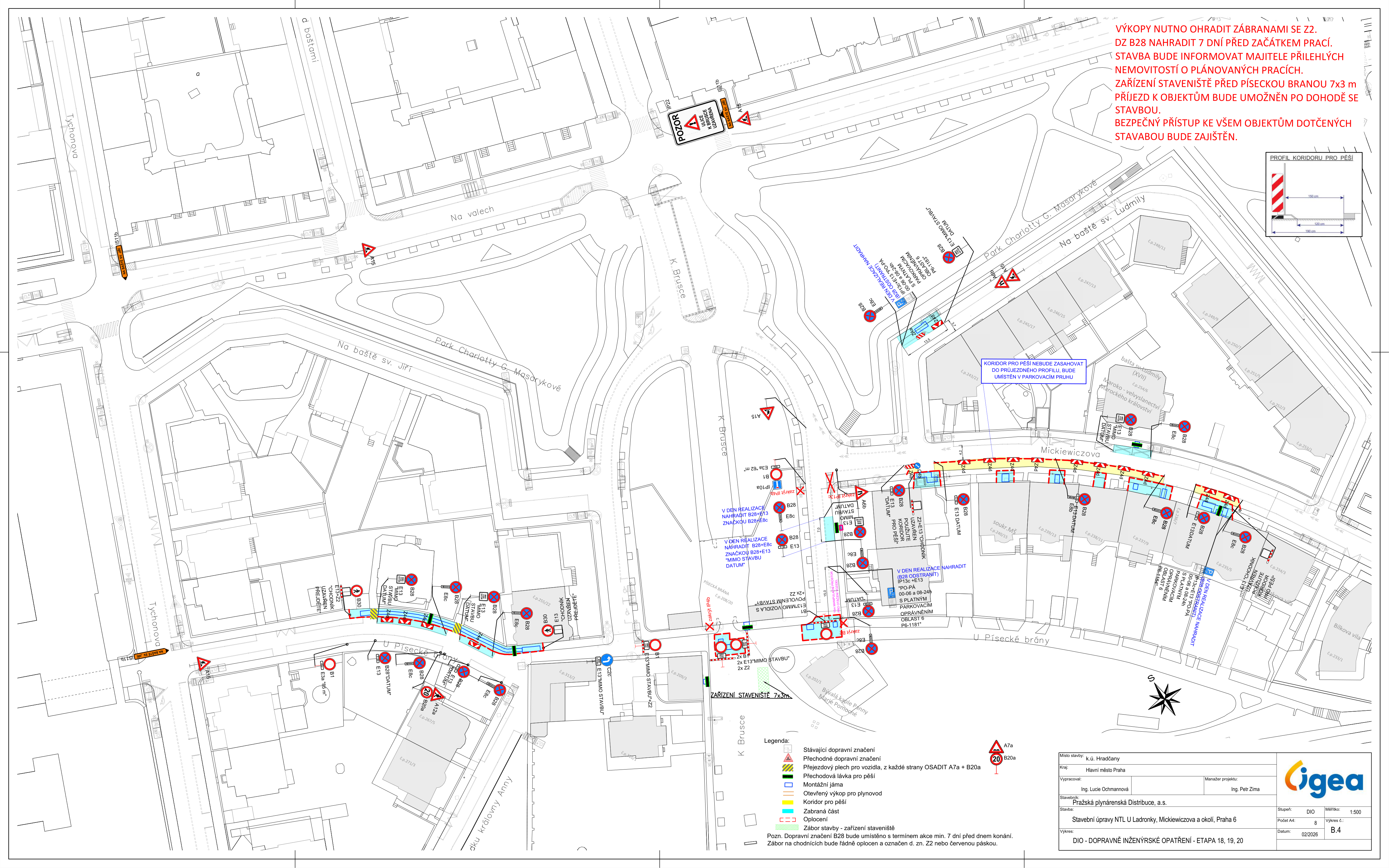 Dopravně inženýrské opatření (DIO) - plán dopravního značení a uzavírek pro stavební práce v ulicích U Písecké brány a Mickiewiczova.