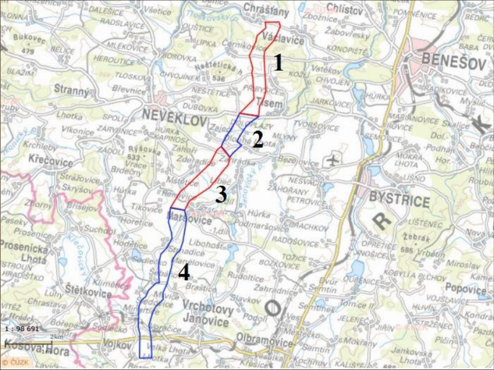 Mapa území v okolí Benešova s vyznačenými úseky (čísla 1, 2, 3, 4). Zobrazené obce a lokality: Chrášťany, Václavice, Černíkovice, Tisem, Neveklov, Doloplazy, Tvoršovice, Záhoří, Zderadice, Zahrádka, Mstětice, Maršovice, Libohošť, Manělovice, Sedlečko, Šebáňovice, Minartice, Vrchotovy Janovice, Olbramovice, Bystřice, Benešov, Konopiště, Kosova Hora, Vojkov, Velká Lhota. Měřítko mapy 1 : 98 691, v levém dolním rohu logo ČÚZK.