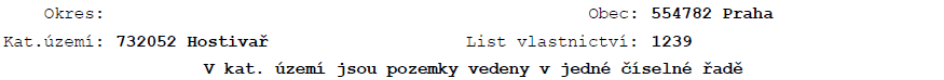 Výpis z katastru nemovitostí: Okres: Praha, Obec: 554782 Praha, Katastrální území: 732052 Hostivař, List vlastnictví: 1239. V katastrálním území jsou pozemky vedeny v jedné číselné řadě.