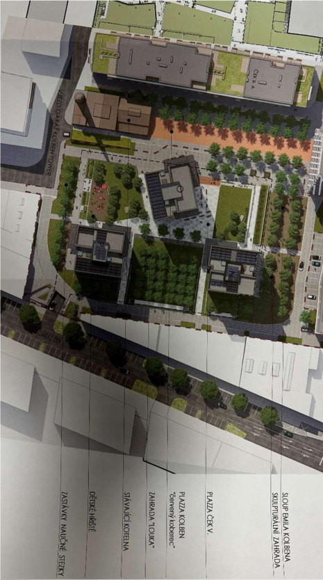 Koordinační situace plánované zástavby s vyznačenými plochami a veřejným prostorem.