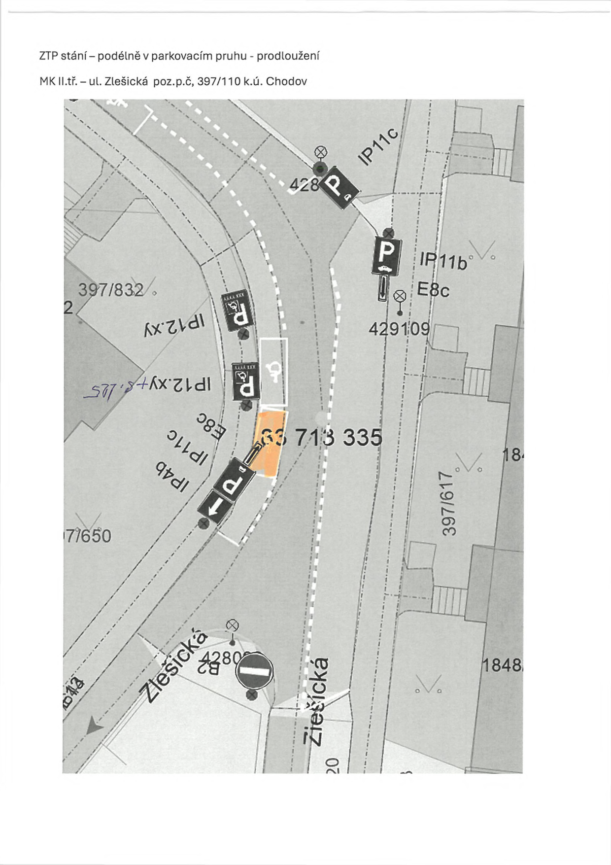 Situační nákres dopravního značení pro prodloužení parkovacího místa pro osoby se zdravotním postižením (ZTP) v ulici Zlešická.