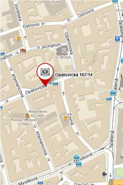 Mapa s vyznačenou lokalitou na adrese Opatovická 167/14 v Praze.