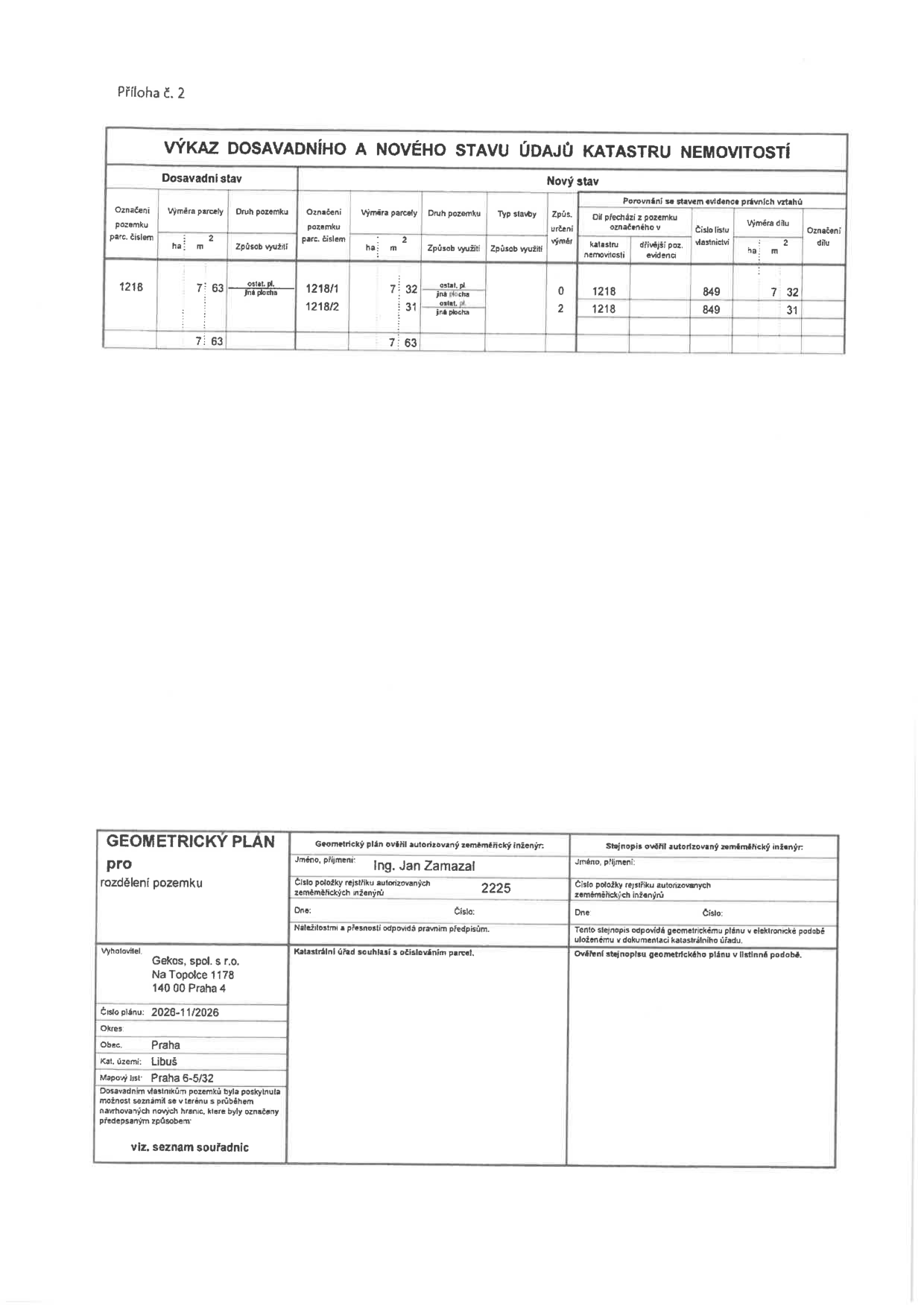 Geometrický plán pro rozdělení pozemku parc. č. 1218 v k.ú. Libuš.