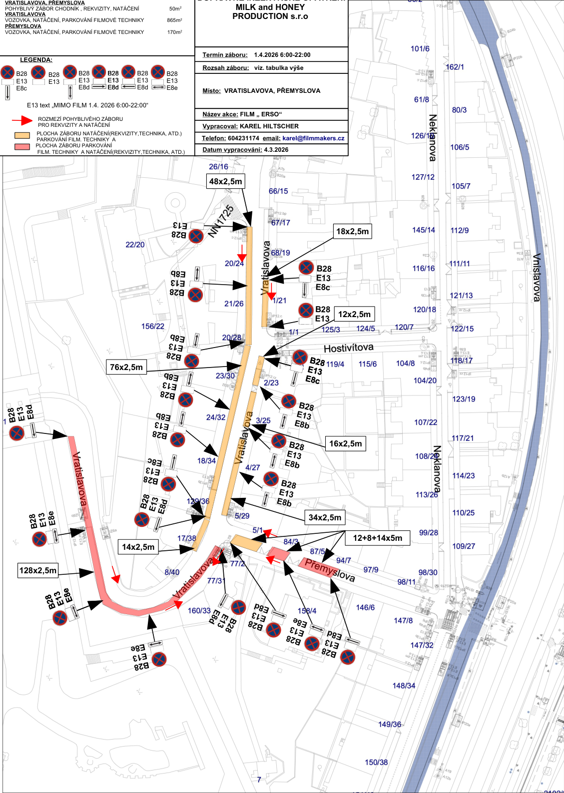Situační nákres dopravního značení a záboru veřejného prostranství pro účely filmování v ulicích Vratislavova a Přemyslova.