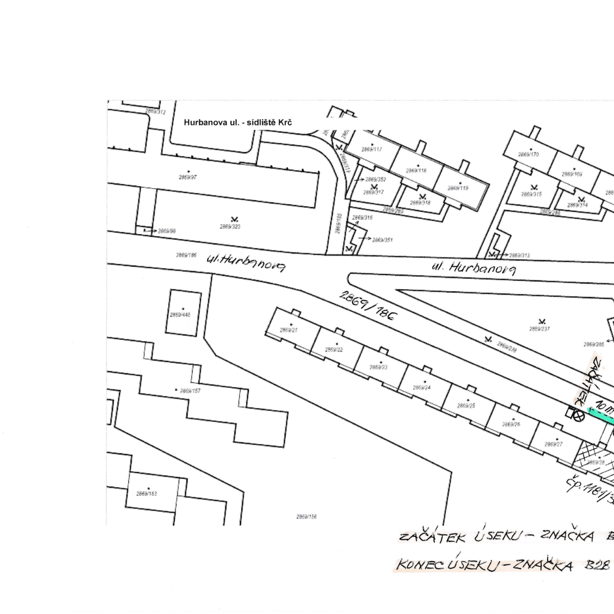 Katastrální situační plán ulice Hurbanova s vyznačením úseku dopravního značení.
