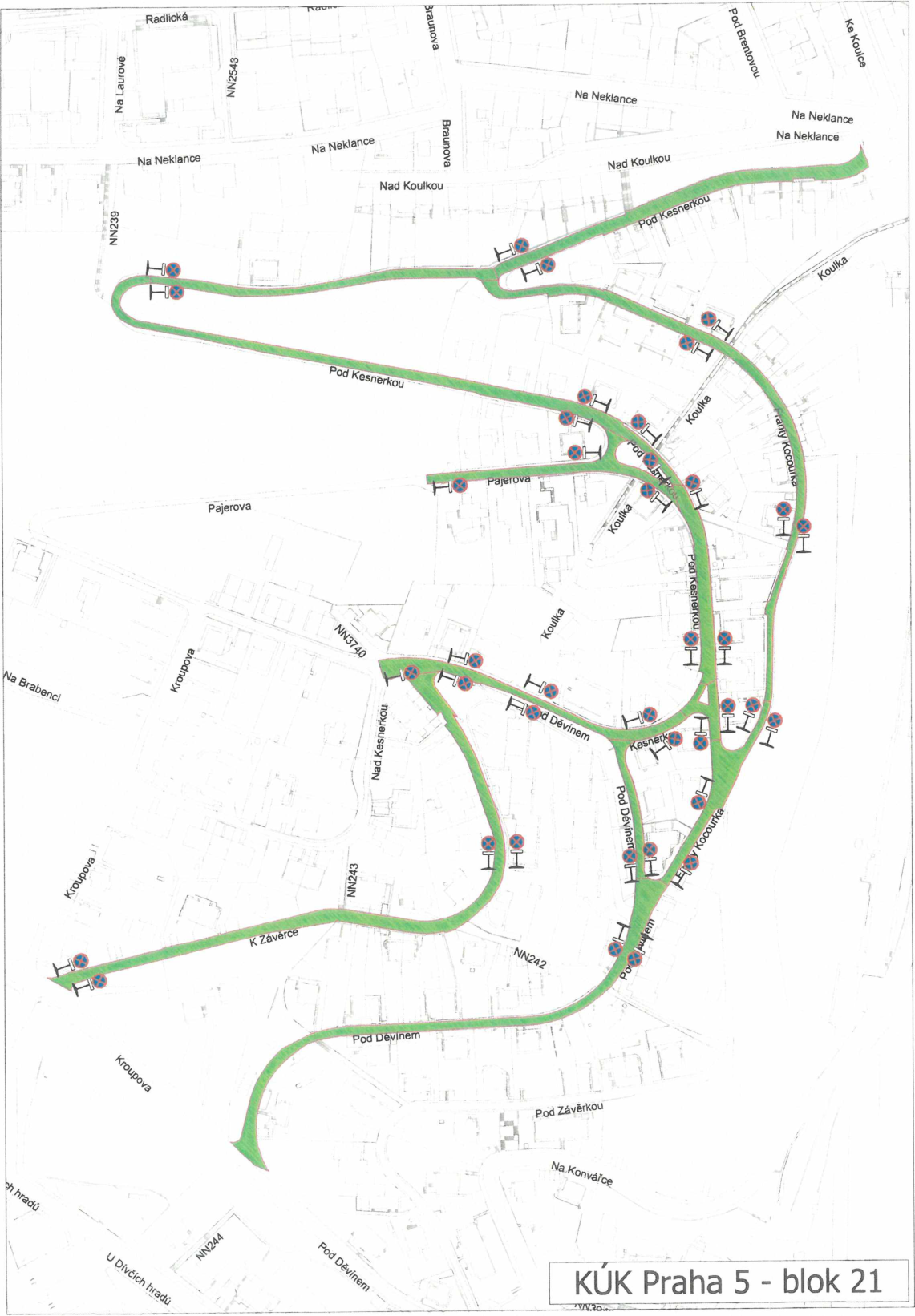Situační nákres dopravního značení (zákaz zastavení) v oblasti KÚK Praha 5 - blok 21.