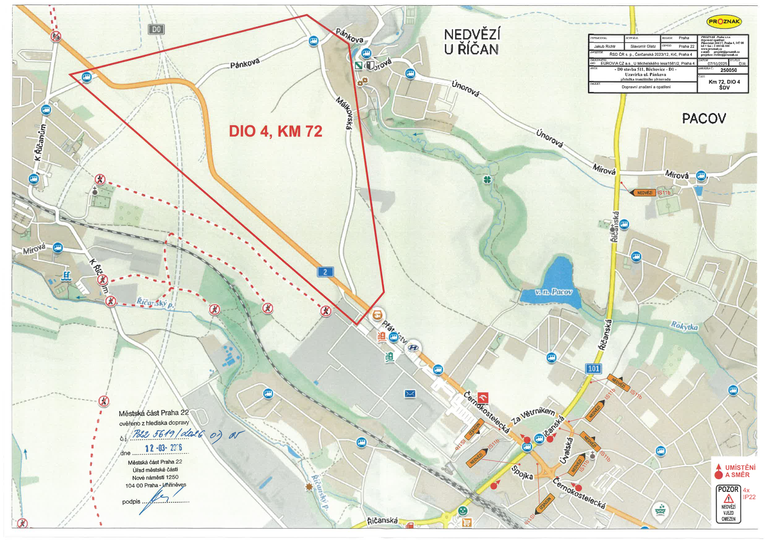 Situační plán dopravního opatření (DIO) v oblasti Nedvězí u Říčan.