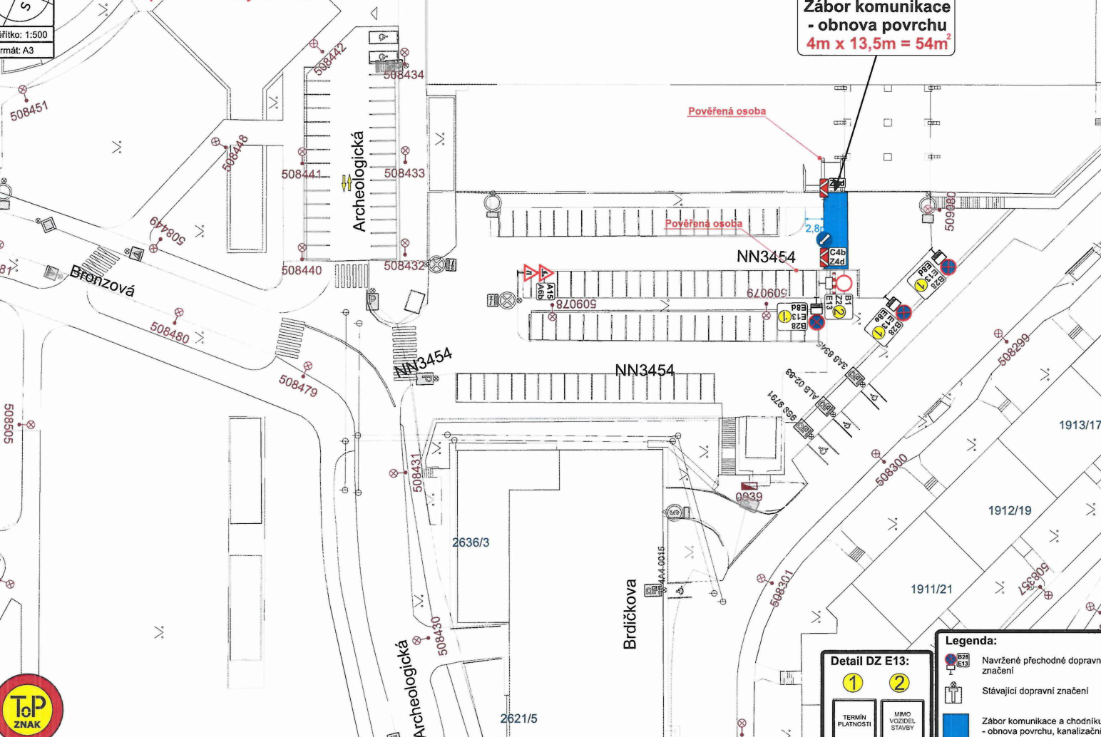 Situační nákres dopravního značení a záboru komunikace v lokalitě ulic Bronzová a Brdičkova.