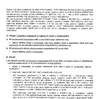 Text z úředního dokumentu o přezkoumání hospodaření MČ za rok 2025. Obsahuje zjištění o nedostatcích v účetnictví:

- Úvodní část konstatuje, že výkaz GINIS Ex…