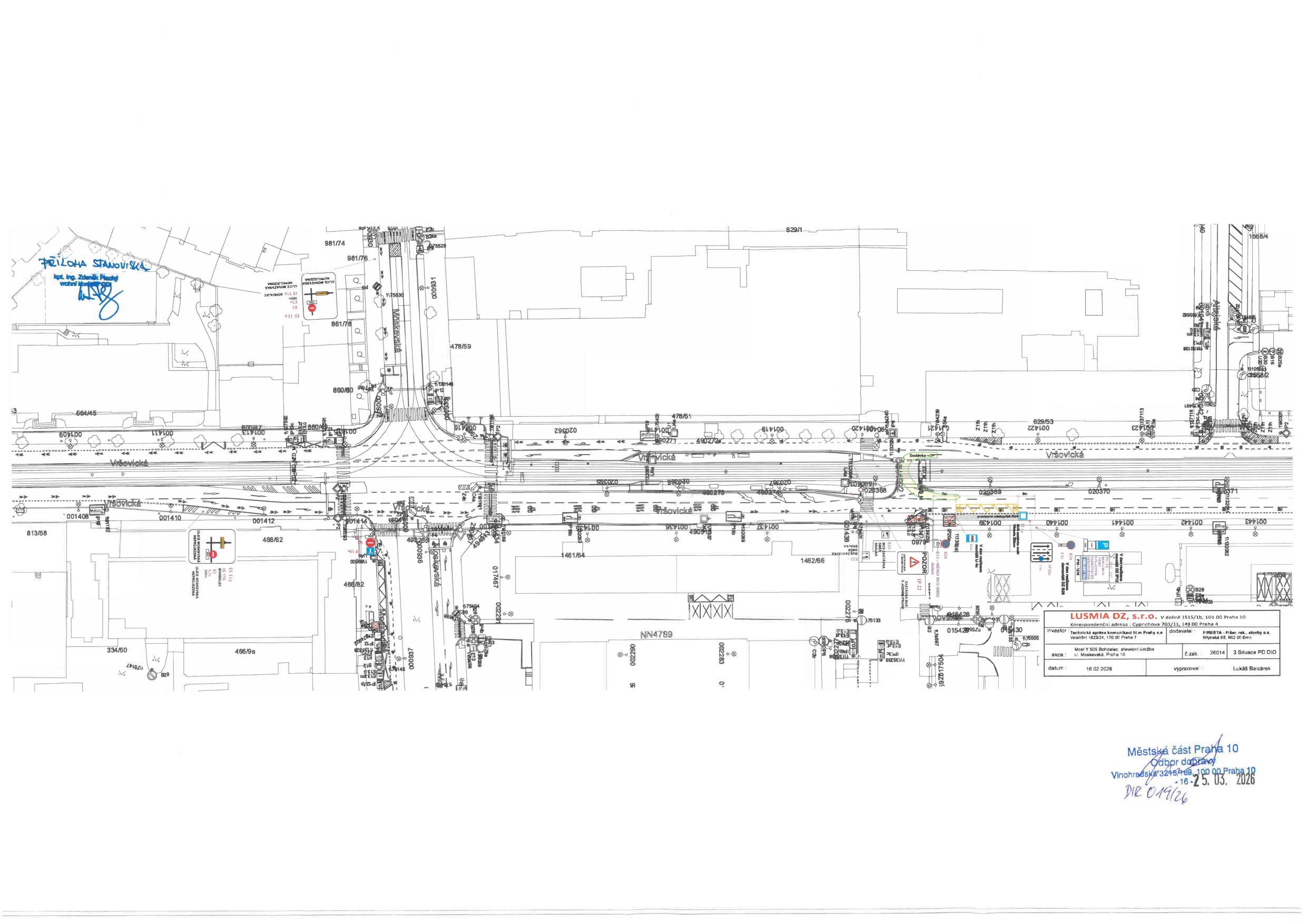 Koordinační situační výkres dopravního značení a úprav komunikace Vršovická.