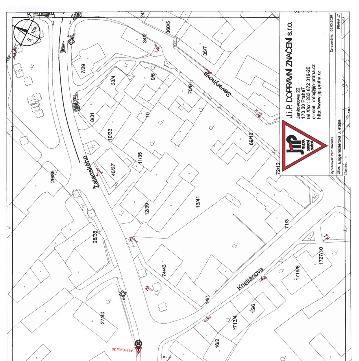Koordinační situační výkres dopravního značení v ulici Engelmüllerova a okolí.