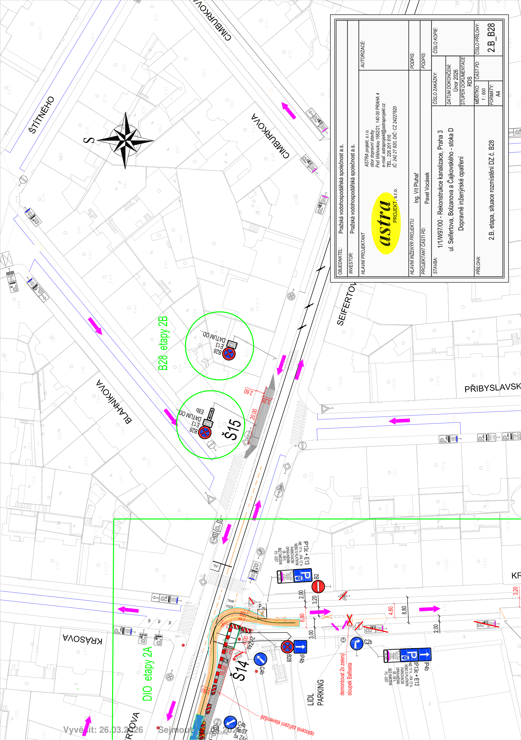 Dopravně inženýrské opatření (DIO) - situační nákres dopravního značení pro rekonstrukci kanalizace v ulicích Seifertova a Bolzanova.