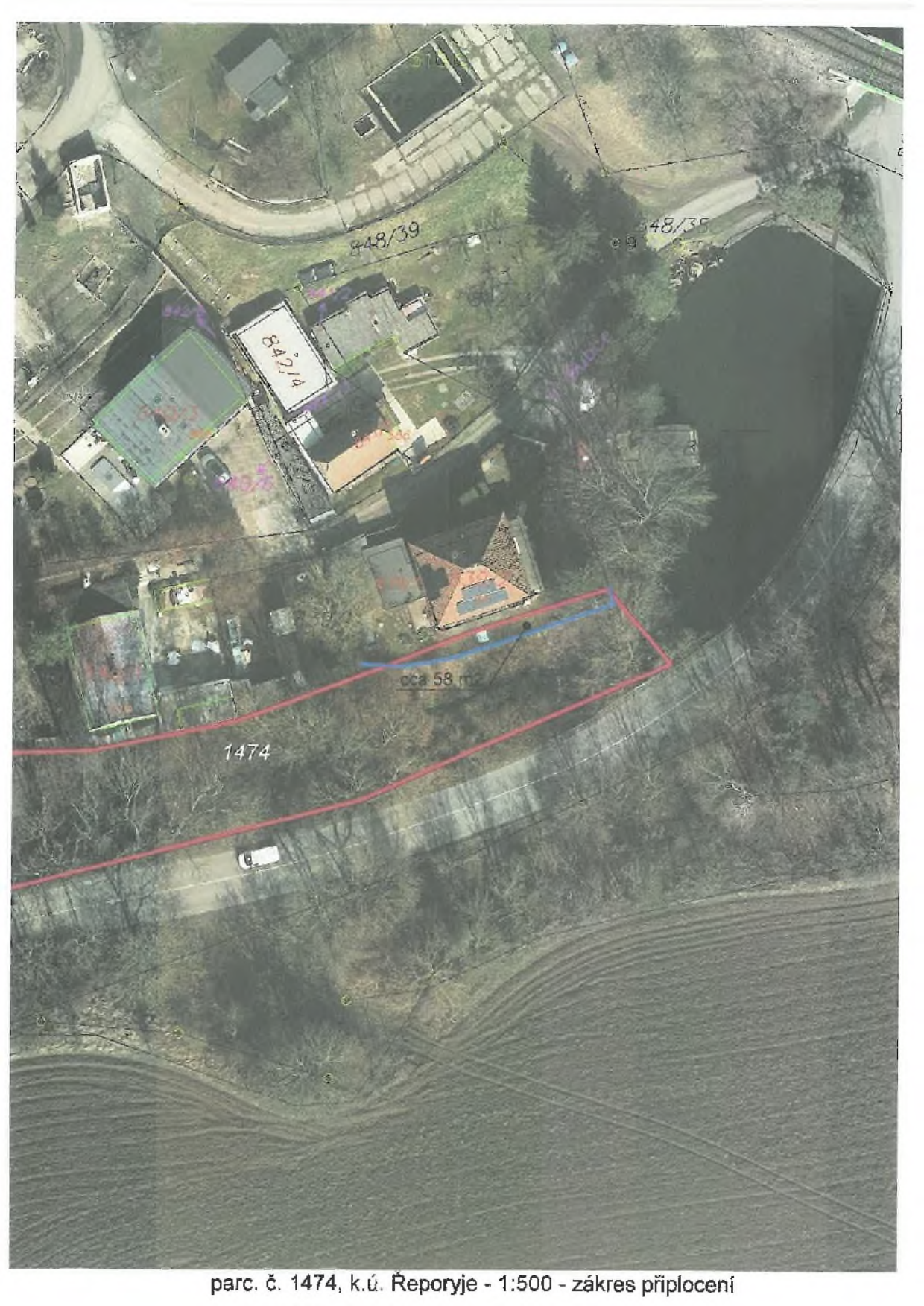 Situační nákres (ortofotomapa) s vyznačením záboru pozemku. Text v dolní části: 'parc. č. 1474, k.ú. Řeporyje - 1:500 - zákres připlocení'. V mapě je vyznačena plocha s popiskem 'cca 58 m2' a čísla parcel, např. '848/39', '842/4', '1474'.
