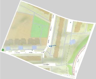 Mapa oblasti s ulicemi Vybíralova a Kuttelwascherova, modrá šipka ukazuje na křižovatku ulic Vybíralova a Kuttelwascherova.