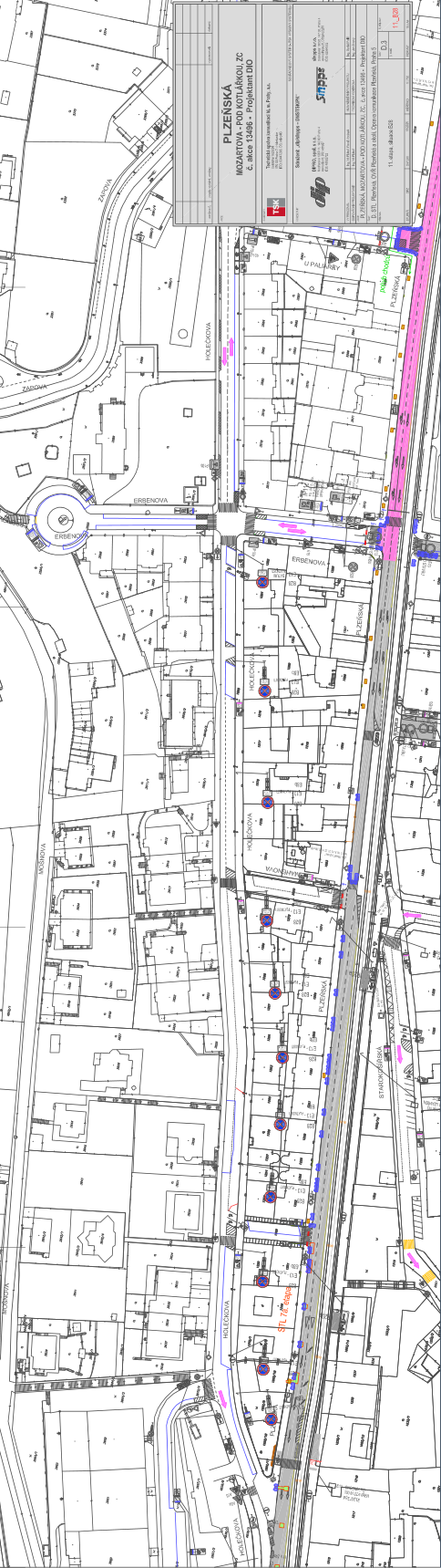 Projektová dokumentace stavby 'PLZEŇSKÁ - MOZARTOVA - POD KOTLÁŘKOU, ZC', č. akce 13496 - Projektant DBO. Mapa zobrazuje situační nákres dopravního řešení v oblasti ulic Plzeňská, Holečkova, Erbenova a Mozartova v Praze. V plánu jsou vyznačeny inženýrské sítě (např. STL 7.8 etapa), dopravní značení, přechody pro chodce a úpravy komunikací.