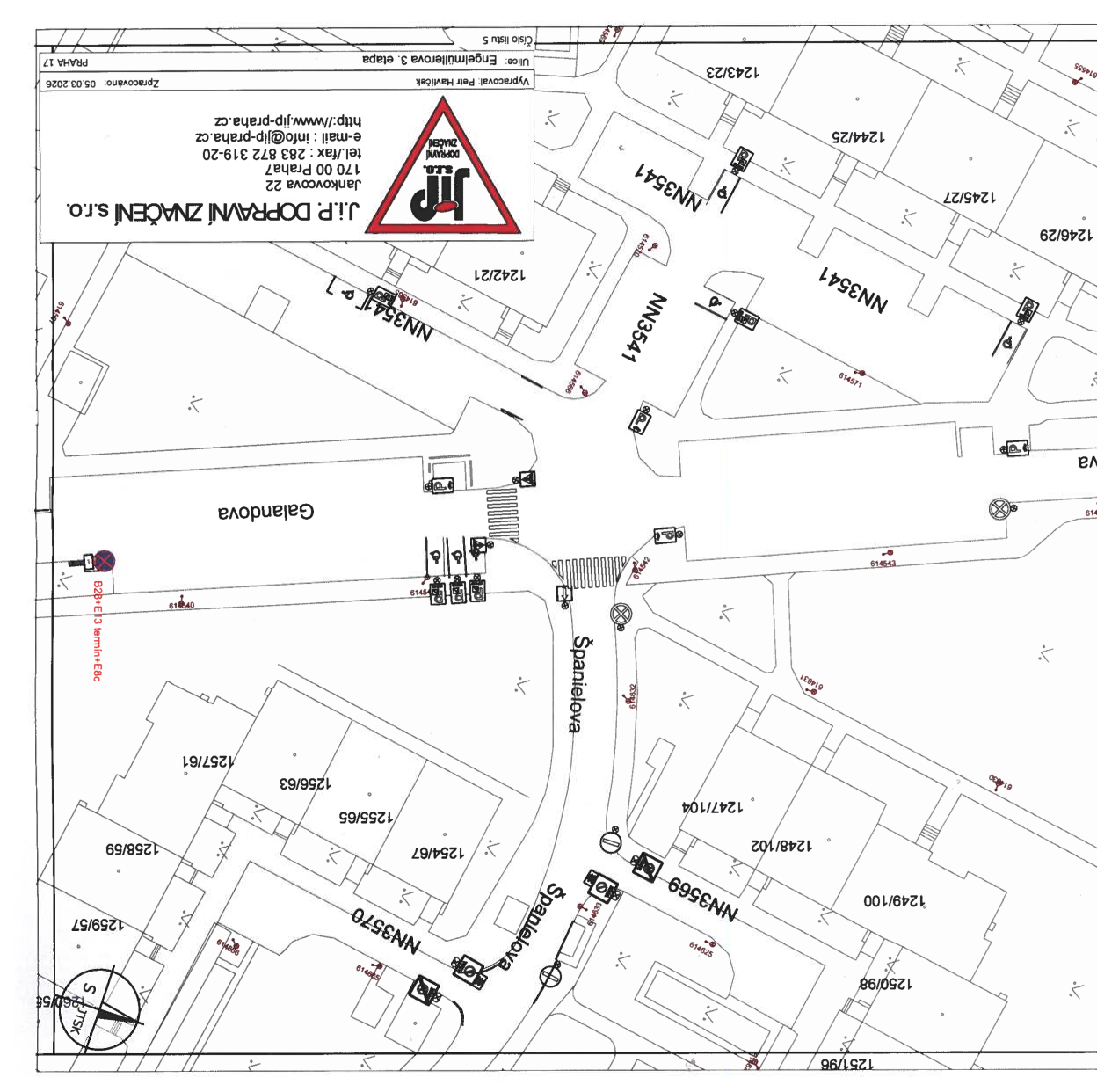 Koordinační výkres (situační nákres) dopravního značení v ulicích Špánielova a Galandova.
