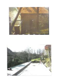 Fotografie zachycující exteriér stavby a přilehlého pozemku. Horní snímek ukazuje detail budovy s taškovou střechou a oplocením. Dolní snímek zobrazuje pohled…