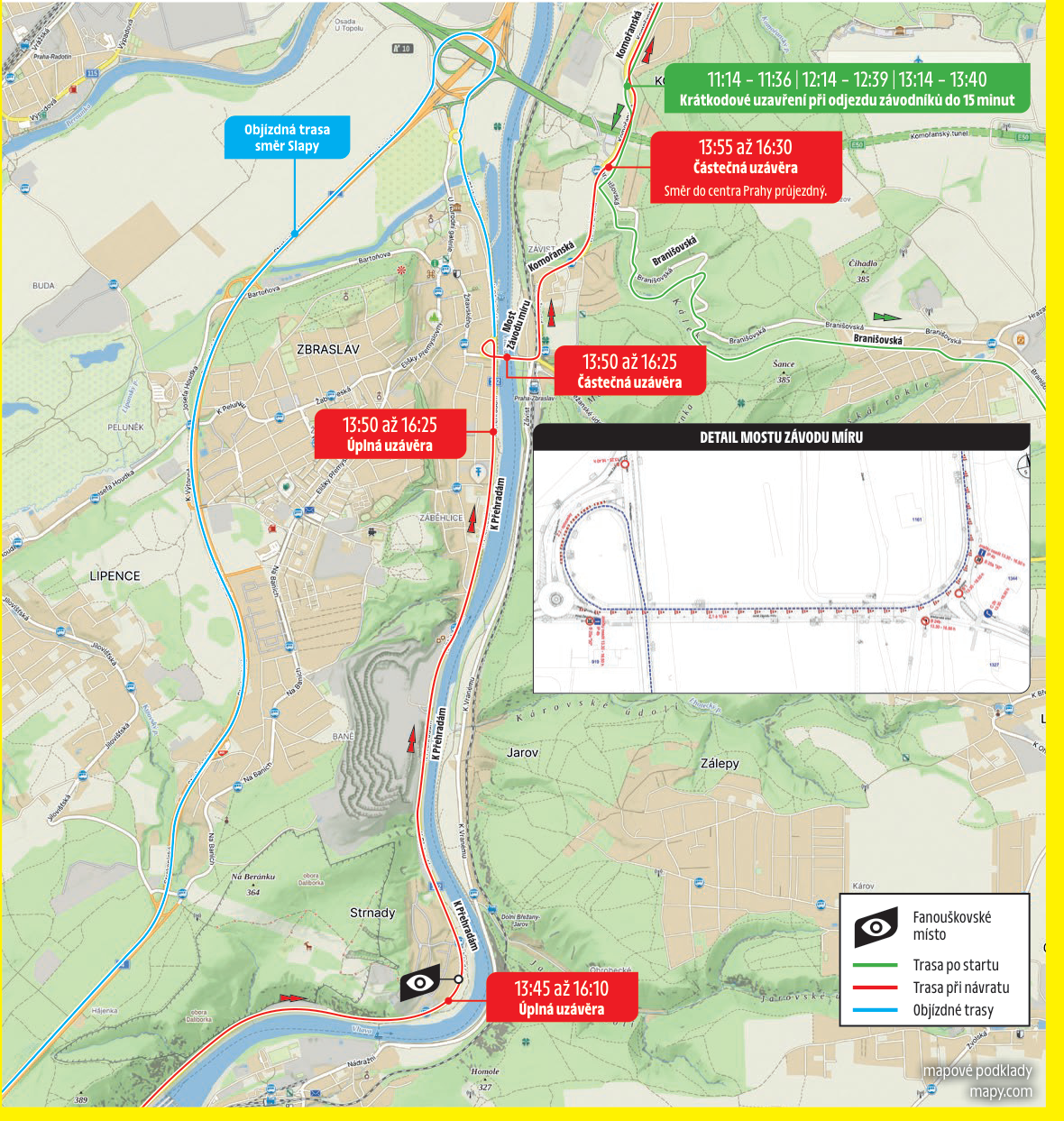 Informační mapa dopravních uzavírek v souvislosti se závodem 'Závod míru'. Obsahuje následující informace: 1. Časové úseky uzavírek: 11:14–11:36, 12:14–12:39, 13:14–13:40 (krátkodobé uzavření při odjezdu závodníků do 15 minut); 13:55–16:30 (částečná uzavírka, směr do centra Prahy průjezdný); 13:50–16:25 (částečná uzavírka); 13:50–16:25 (úplná uzavírka); 13:45–16:10 (úplná uzavírka). 2. Legenda: Fanouškovské místo (ikona oka), Trasa po startu (zelená), Trasa při návratu (červená), Objízdné trasy (modrá). 3. Obsahuje detail mostu Závodu míru. 4. Mapové podklady: mapy.cz.