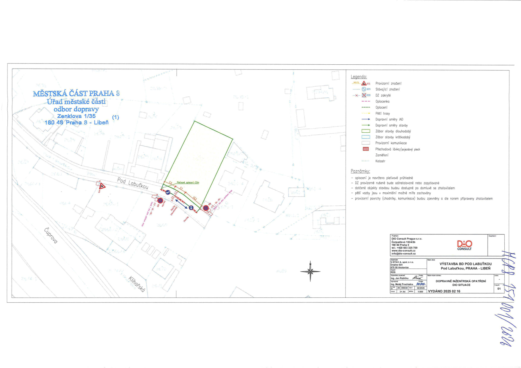 Situační nákres dopravního opatření pro stavbu bytového domu Pod Labuťkou v Praze-Libni.