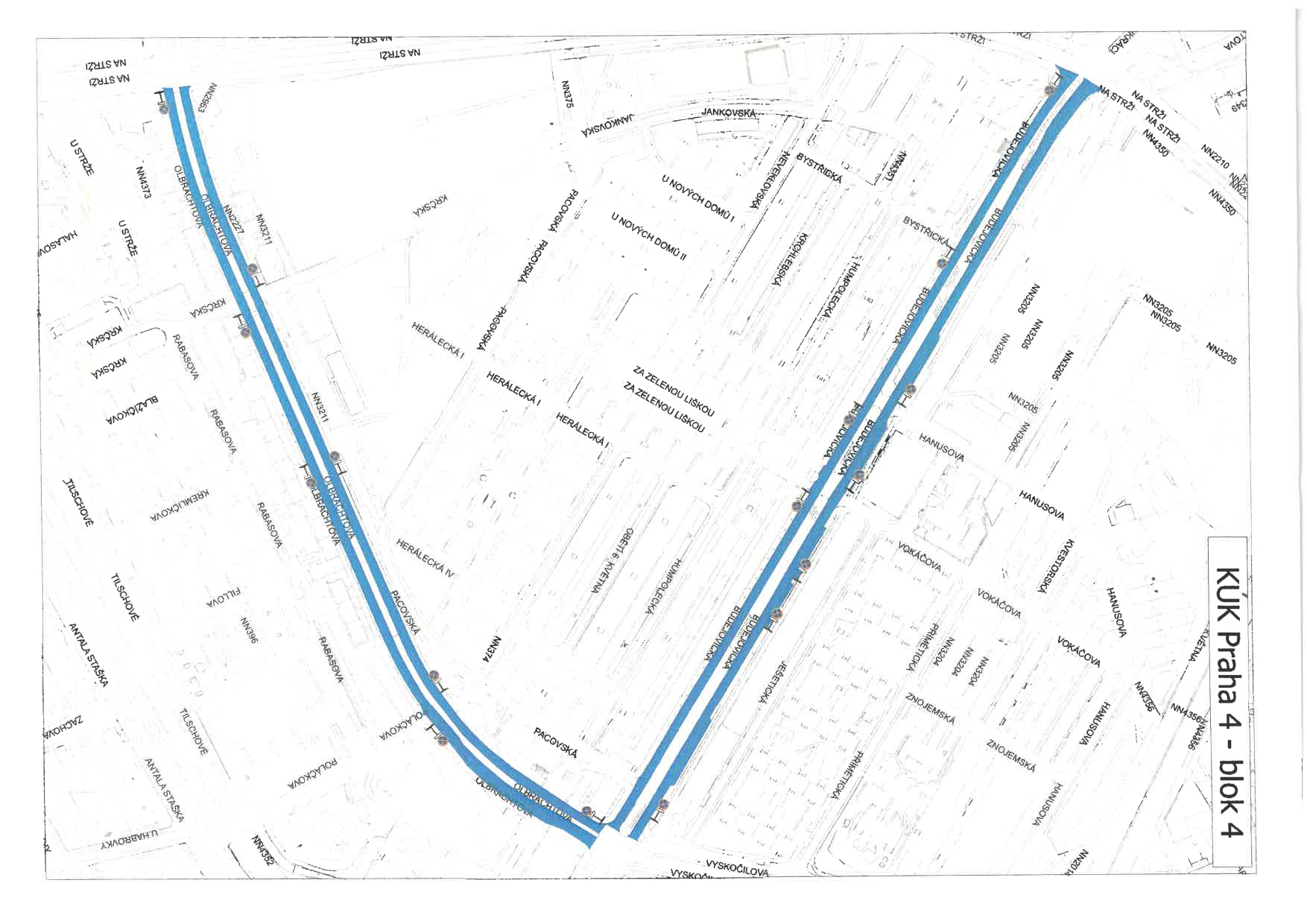 Situační mapa územního plánu nebo plánu údržby komunikací v oblasti Praha 4 - blok 4 (ulice Budějovická a Olbrachtova).