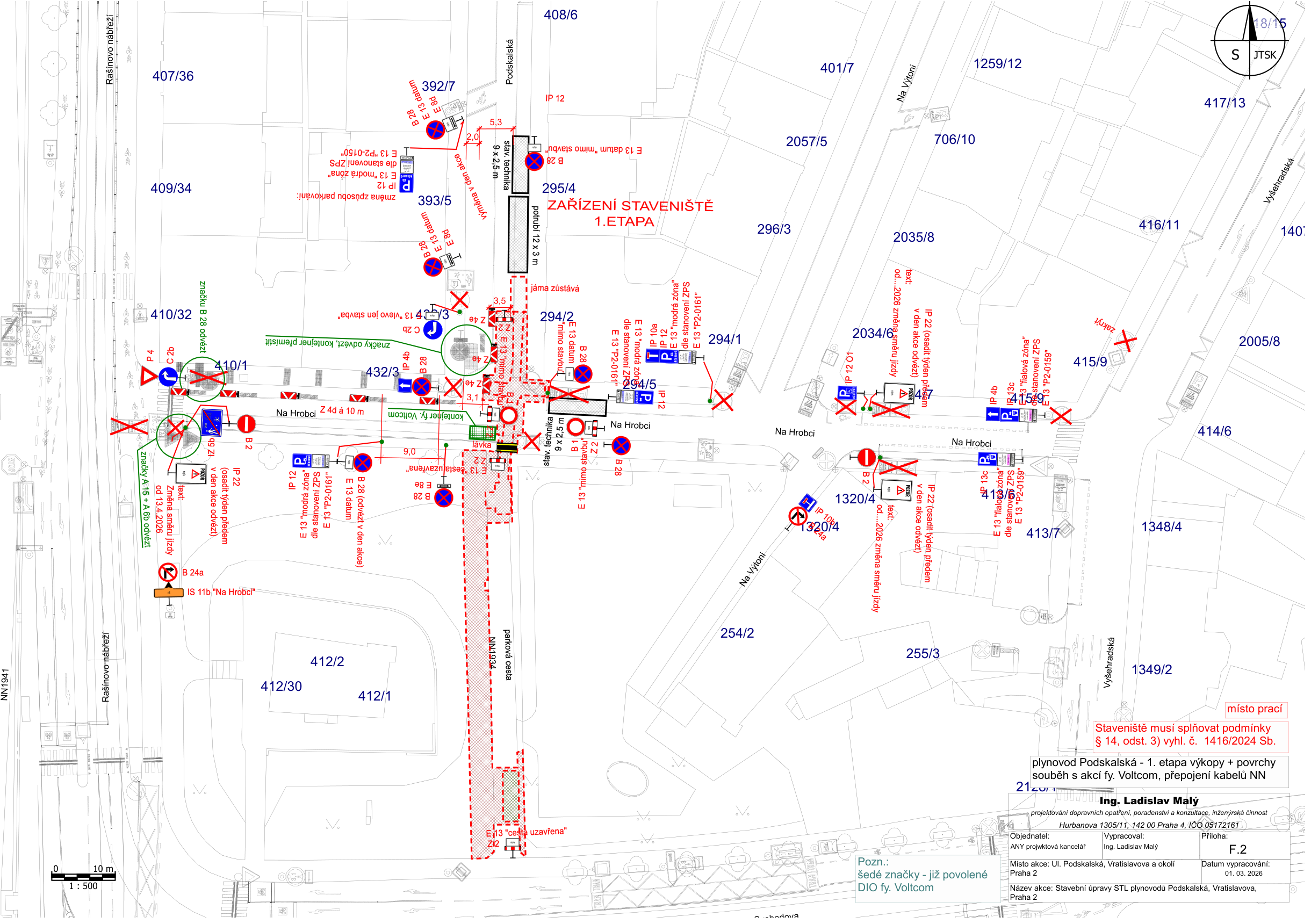 Situační plán dopravního značení pro stavbu plynovodu v ulici Podskalská.