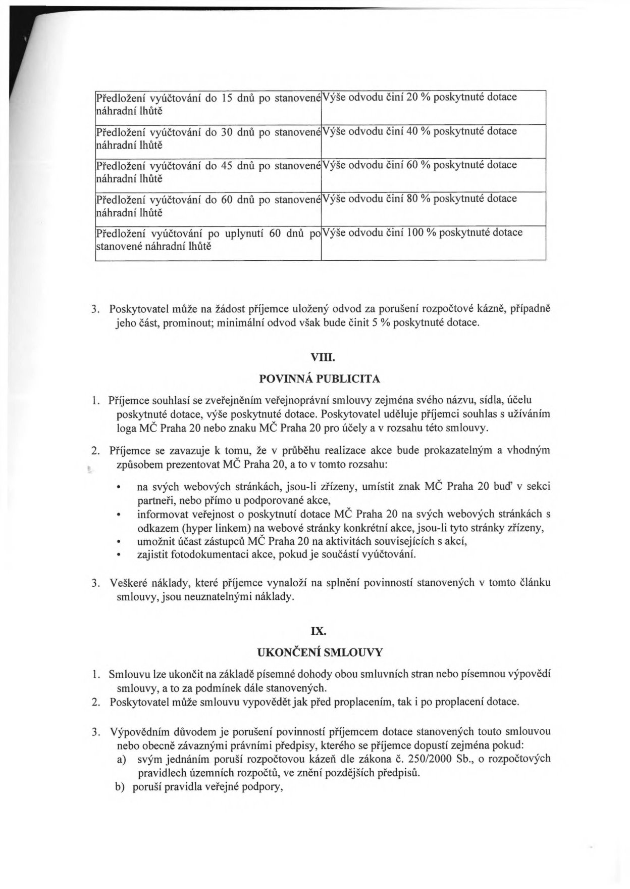 Tabulka sankcí za pozdní předložení vyúčtování dotace: 15 dní po lhůtě = 20 % dotace, 30 dní = 40 %, 45 dní = 60 %, 60 dní = 80 %, po 60 dnech = 100 %. Bod 3: Poskytovatel může na žádost příjemce odvod prominout (min. 5 %). Článek VIII. POVINNÁ PUBLICITA: Příjemce souhlasí se zveřejněním smlouvy a užitím loga MČ Praha 20. Příjemce se zavazuje prezentovat MČ Praha 20 na webu, informovat o dotaci, umožnit účast zástupců MČ Praha 20 a zajistit fotodokumentaci. Náklady na publicitu jsou neuznatelné. Článek IX. UKONČENÍ SMLOUVY: Smlouvu lze ukončit dohodou nebo výpovědí. Poskytovatel může vypovědět smlouvu před i po proplacení dotace, zejména při porušení rozpočtové kázně (zákon č. 250/2000 Sb.) nebo pravidel veřejné podpory.