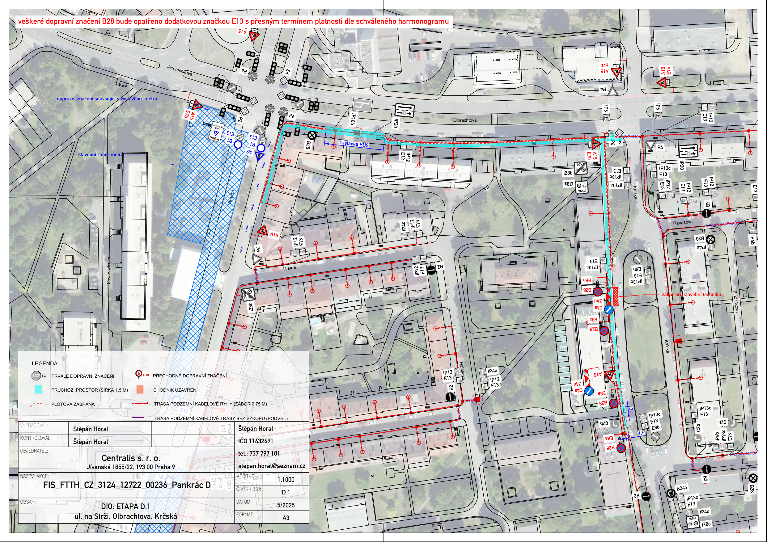 Situační nákres dopravního značení a záborů pro stavbu podzemního vedení v ulicích na Strži a Olbrachtova.