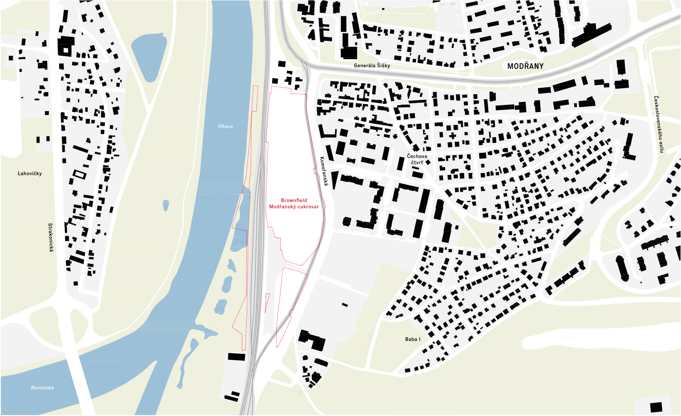 Situační mapa oblasti Modřany v Praze. V mapě je vyznačen brownfield 'Modřanský cukrovar' (ohraničený červenou přerušovanou čarou). Dále jsou v mapě označeny lokality: Vltava, Berounka, Lahovičky, ulice Strakonická, ulice Generála Šišky, ulice Komořanská, čtvrť Modřany, Čechova čtvrť, Baba I a ulice Československého exilu.