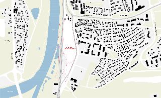Situační mapa oblasti Modřany v Praze. V mapě je vyznačen brownfield 'Modřanský cukrovar' (ohraničený červenou přerušovanou čarou). Dále jsou v mapě označeny l…