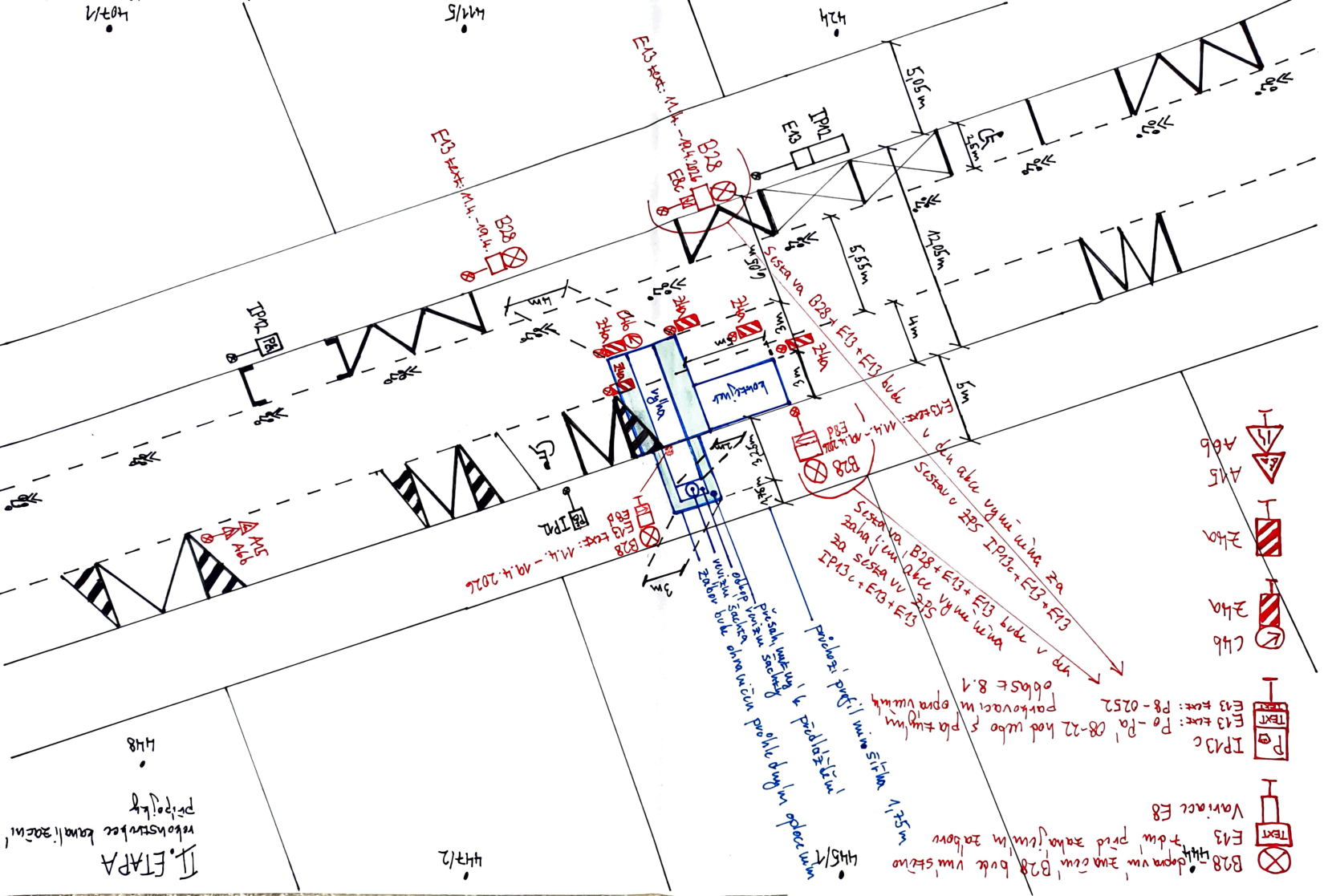Koordinační výkres dopravního značení a záboru komunikace pro stavební práce.