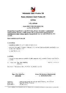 Výpis ze 135. schůze Rady městské části Praha 20 ze dne 25.06.2026, číslo usnesení RMC/135/13/0337/26. Předmět: Rozpočtové opatření č. 33 MČ Praha 20 na rok 20…