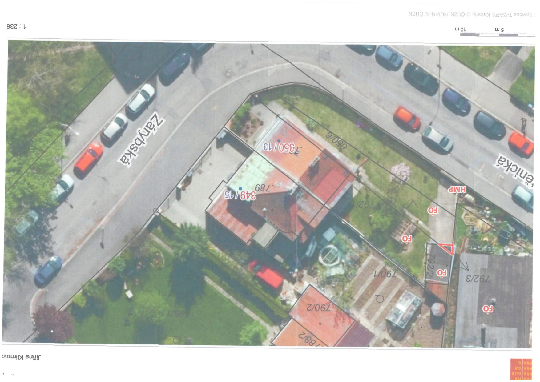 Ortofotomapa katastrálního území s vyznačenými parcelními čísly a hranicemi pozemků.