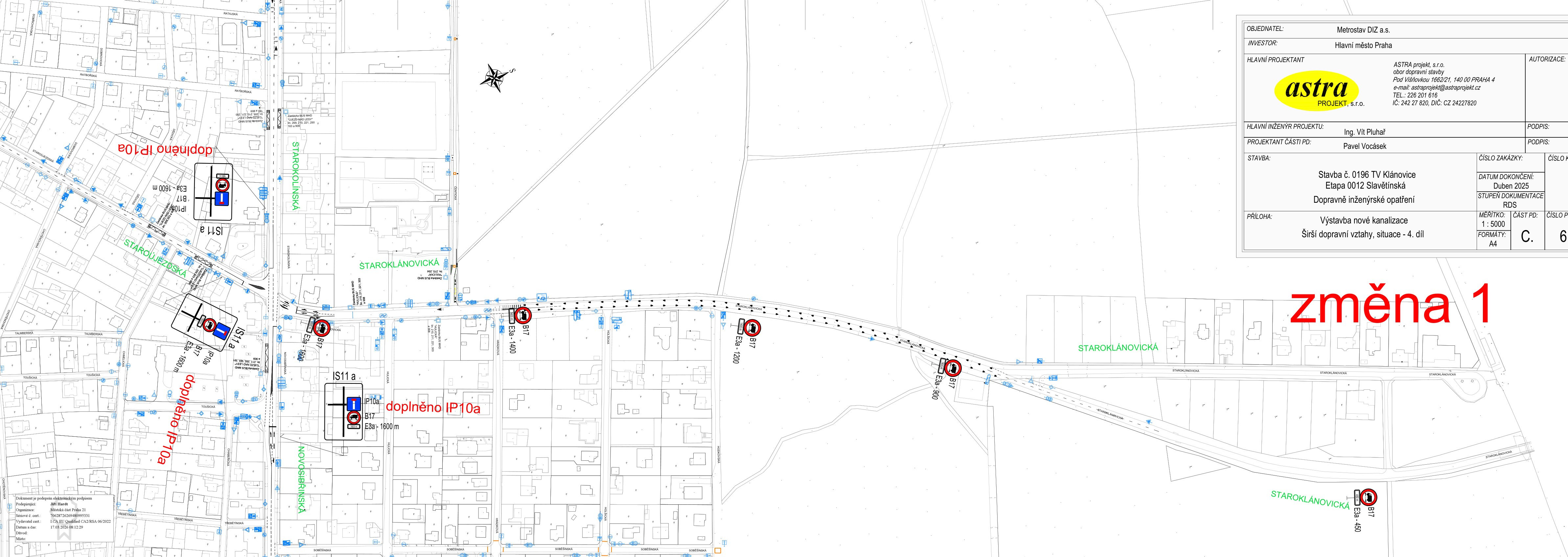 Situační nákres dopravního značení pro stavbu kanalizace v Klánovicích.