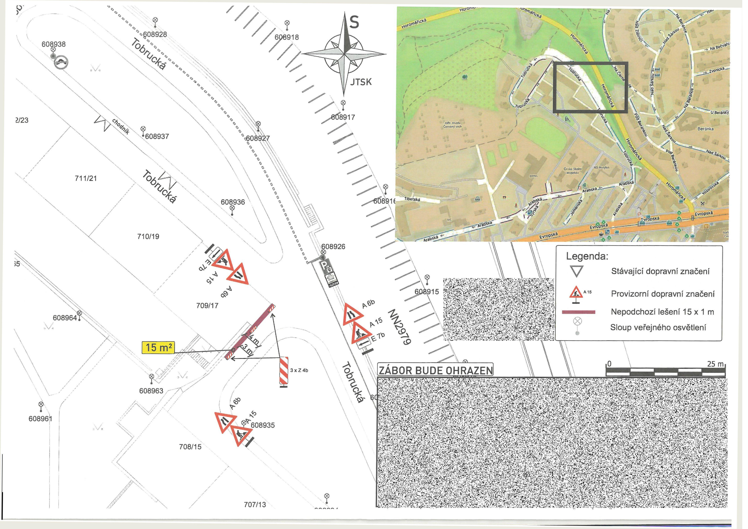 Koordinační situační výkres dopravního značení pro zábor chodníku na ulici Tobrucká.