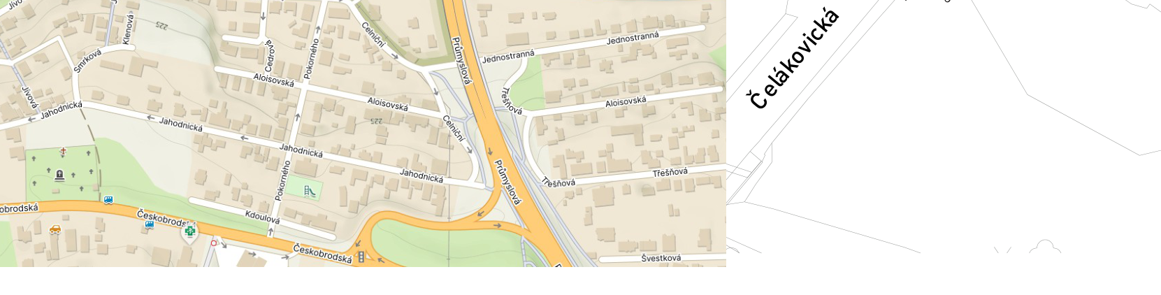 Situační mapa oblasti v Praze (pravděpodobně Dolní Počernice/Hostavice), zobrazující uliční síť s názvy ulic: Čelákovická, Průmyslová, Českobrodská, Jahodnická, Aloisovská, Celniční, Třešňová, Jednostranná, Kdoulová, Cedrová, Pokorného, Smrková, Klenová, Jívová a Švestková. Mapa obsahuje také symboly pro hřbitov, zastávky MHD a lékárnu.
