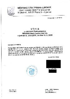 Výpis z usnesení Zastupitelstva Městské části Praha-Lipence, jednání č. 21/9-2025 ze dne 15. 9. 2025. Usnesení č. 395/2025: Zastupitelstvo MČ Praha-Lipence sou…