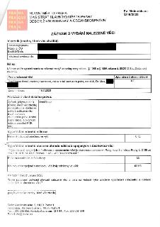 Záznam o vydání nalezené věci, evidenční číslo 3219/2023. Vydal Magistrát hlavního města Prahy, Odbor živnostenský a občanskoprávní. Nalezená věc: černá peněže…