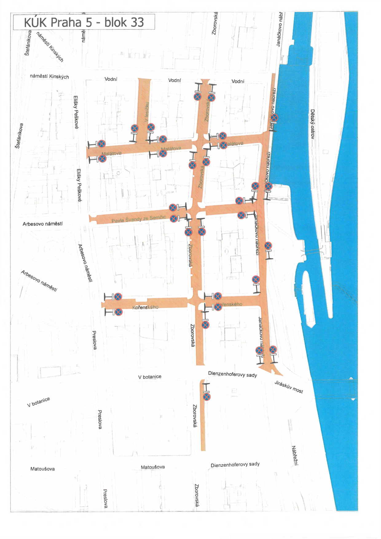 Situační plán dopravního značení v bloku 33 v Praze 5.
