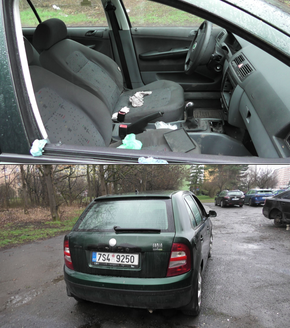 Fotografie automobilu Škoda Fabia, pravděpodobně předmět dražby nebo exekuce.