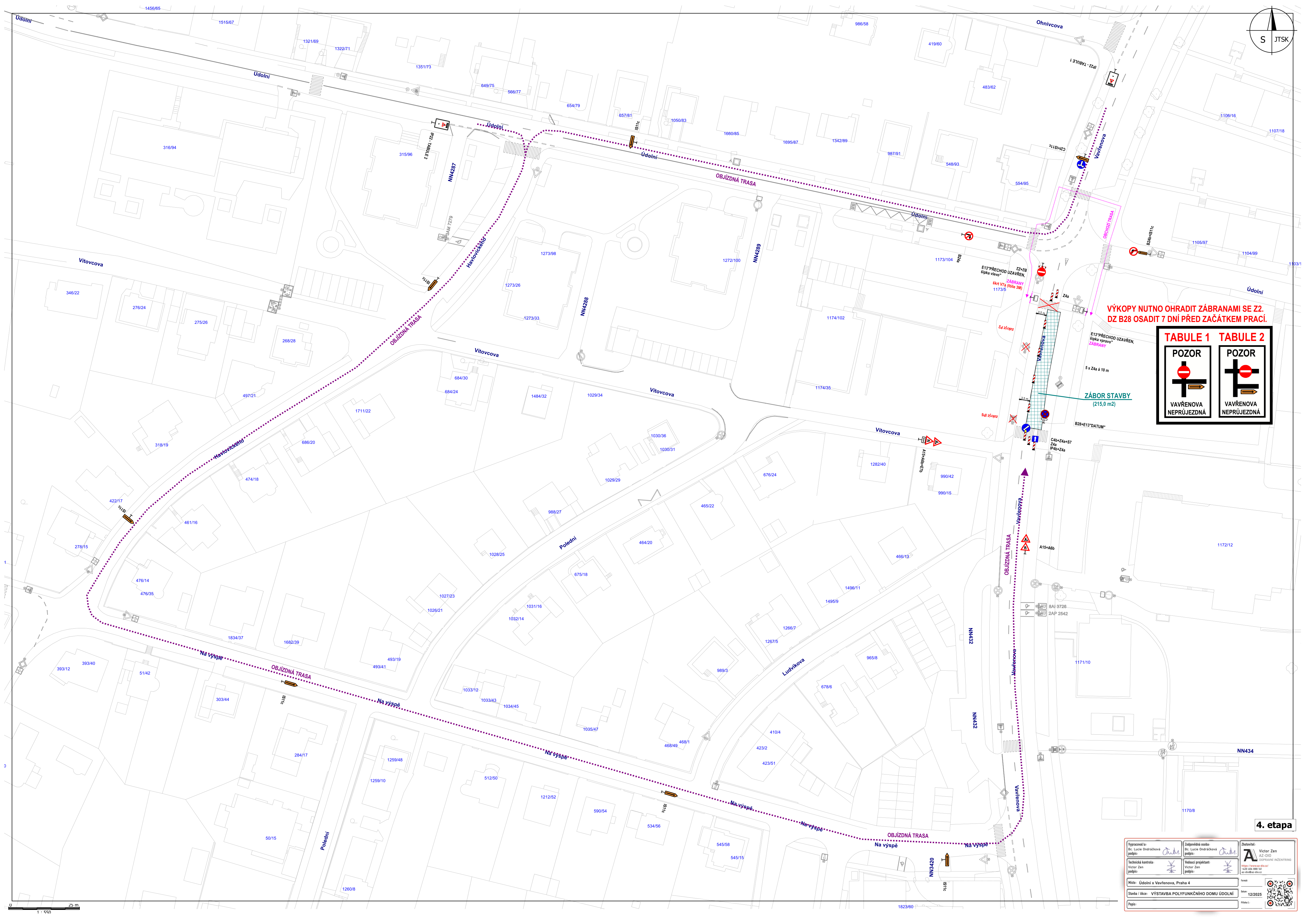 Situační plán dopravního značení a objízdné trasy pro 4. etapu stavby.