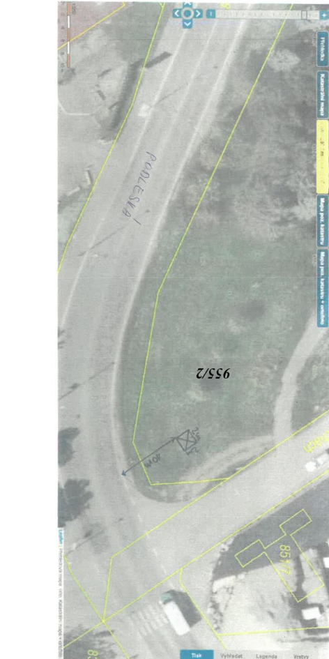 Katastrální mapa s vyznačenou parcelou č. 955/2 a situačním nákresem stavby u ulice Podleská.