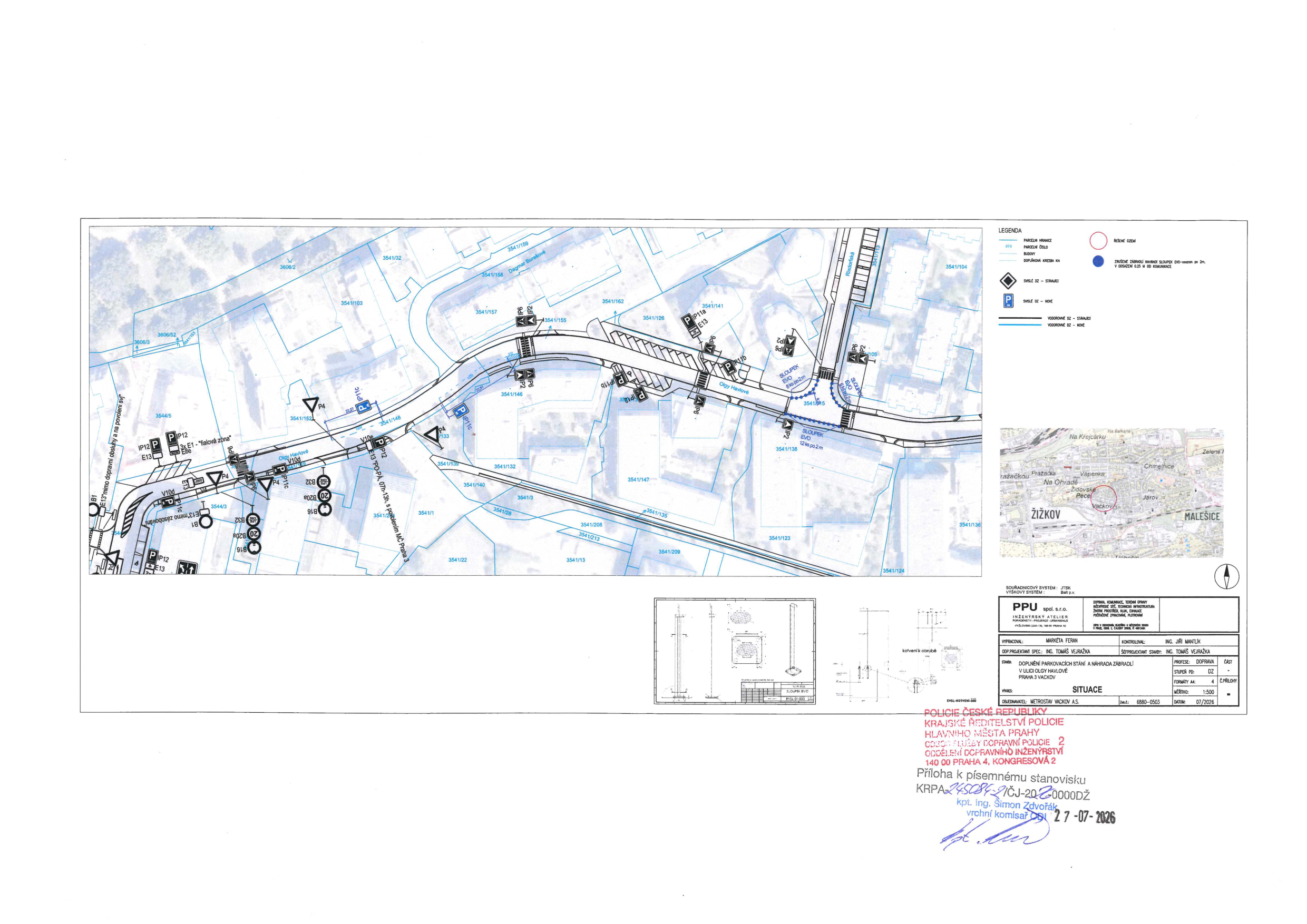 Situační plán dopravního značení v ulici Olgy Havlové, Praha 3. Dokument obsahuje technický nákres rozmístění dopravních značek (P1, P11a, E13, V10b, atd.) a parkovacích míst. V pravém dolním rohu je razítko Policie České republiky, Krajské ředitelství policie hlavního města Prahy, odbor služby dopravní policie, oddělení dopravního inženýrství, 140 00 Praha 4, Kongresová 2. Dokument je opatřen podpisem a datem 27-07-2026. Obsahuje legendu značek, přehledovou mapku lokality Žižkov/Malešice a technické detaily projektu (PPU spol. s r.o., projektant Ing. Tomáš Vlajkov, datum 07/2026).