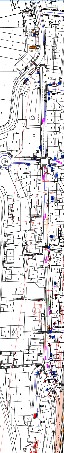 Situační výkres inženýrských sítí a dopravního značení v ulici Holečkova. Mapa obsahuje zákresy tras (vedení), dopravní značení (kruhové objezdy, šipky, značky) a parcelní čísla pozemků. Čitelné názvy ulic: Holečkova, Na Cihlářce, Plzeňská. V dolní části je patrný textový údaj: '... 638,58 m'.